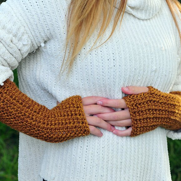 Handmade Dark Gold Arm Warmers Made in Canada - Picture 2 of 2